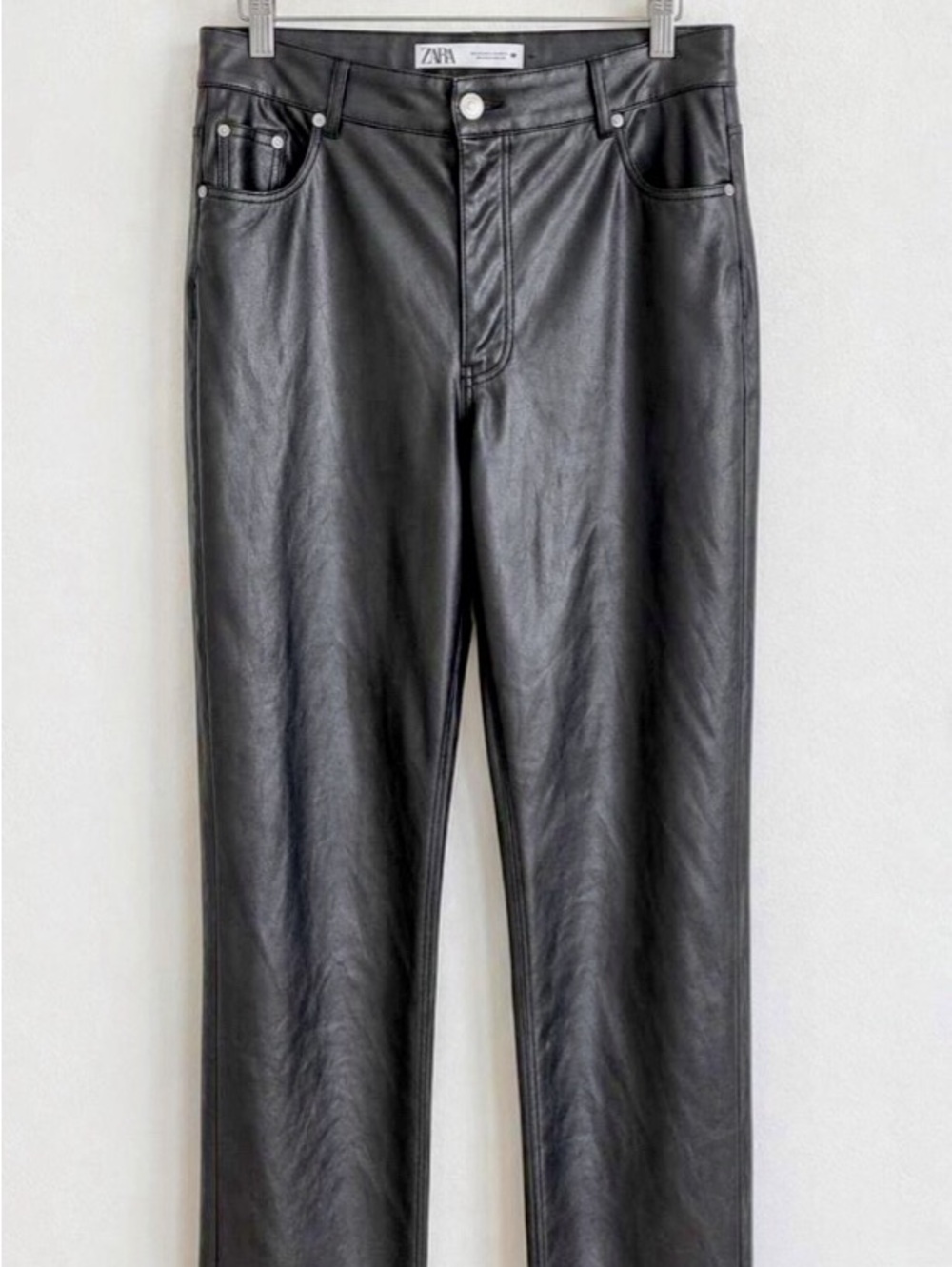 Zara Black faux leather high rise straight leg Pants